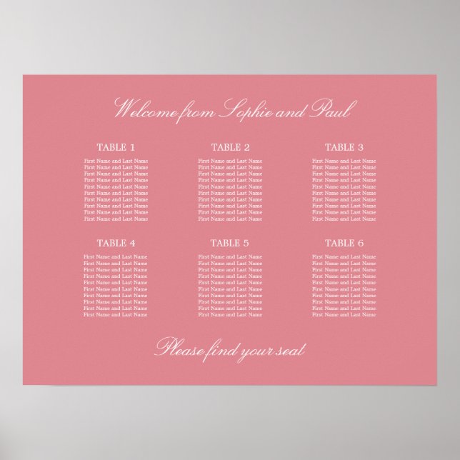 Blush Pink 6 Table Wedding Seating Chart Poster (Front)
