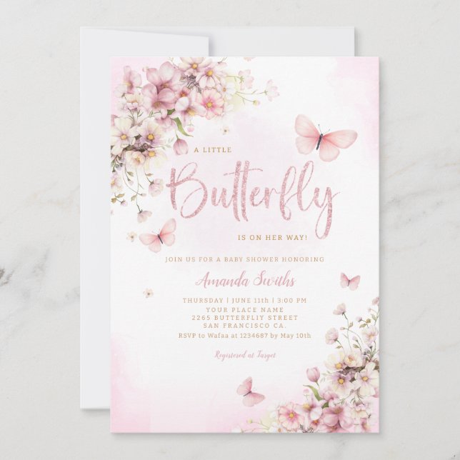Blush Pink A Little Butterfly Girl Baby Shower Invitation (Front)