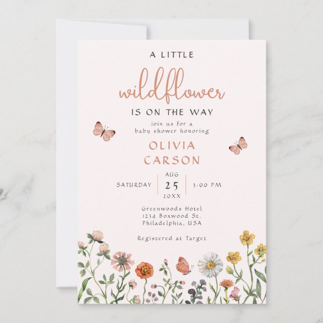 Blush Pink A Little Wildflower Floral Baby Shower Invitation (Front)
