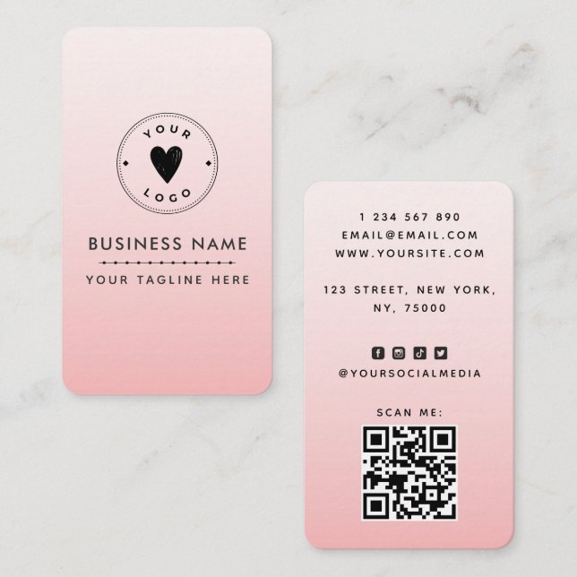 Blush Pink Add Your Cute Logo QR Code Social Media Business Card (Front/Back)