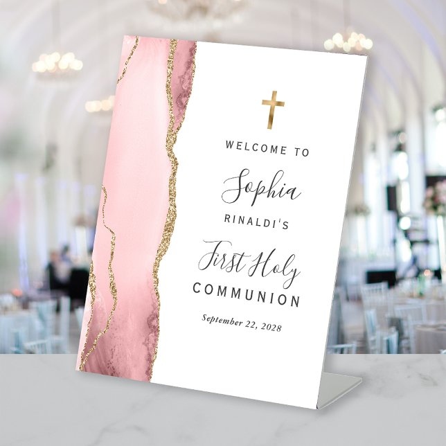 Blush Pink Agate Gold First Holy Communion Welcome Pedestal Sign (Creator Uploaded)