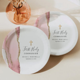 Blush Pink Agate Gold Glitter First Holy Communion Paper Plate