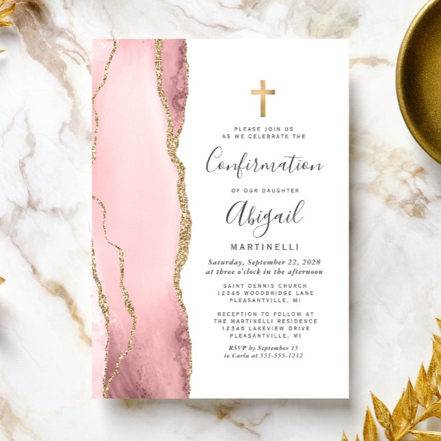  Blush Pink Agate Gold Glitter Girls Confirmation Invitation (Creator Uploaded)