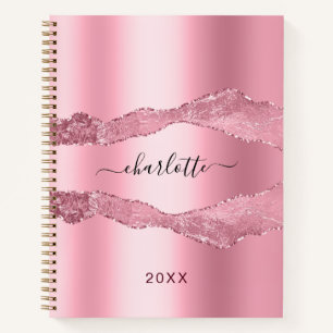 Blush pink agate marble name script notebook