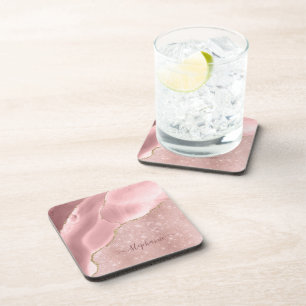 Blush Pink Agate Sparkle Glam Monogram Coaster