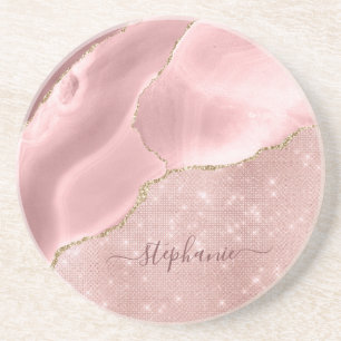 Blush Pink Agate Sparkle Glam Monogram Coaster