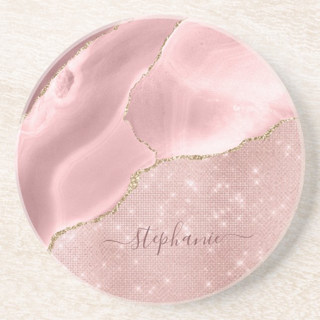 Blush Pink Agate Sparkle Glam Monogram Coaster (Front)