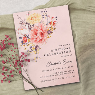 Blush Pink   Airy Floral Any Age Adult Birthday Invitation
