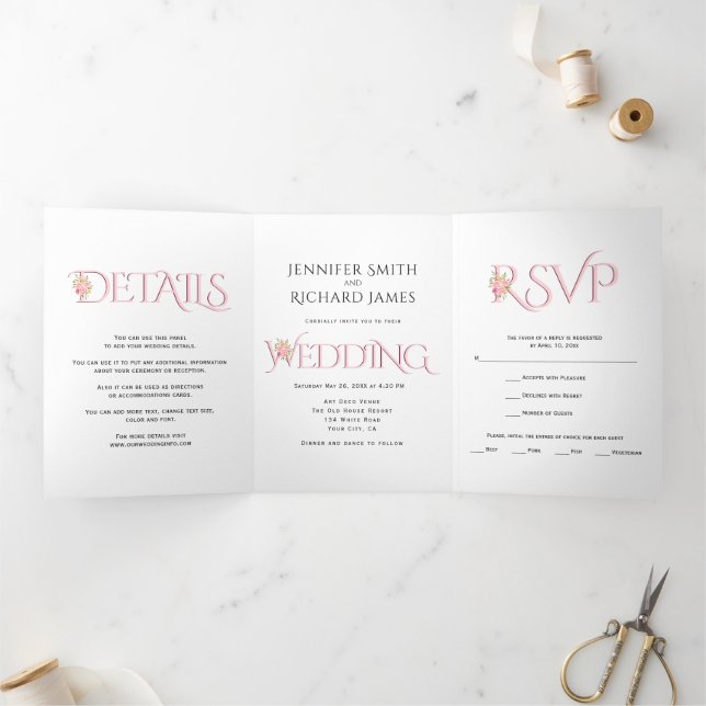 Blush pink ampersand with pink roses wedding Tri-Fold invitation (Inside)