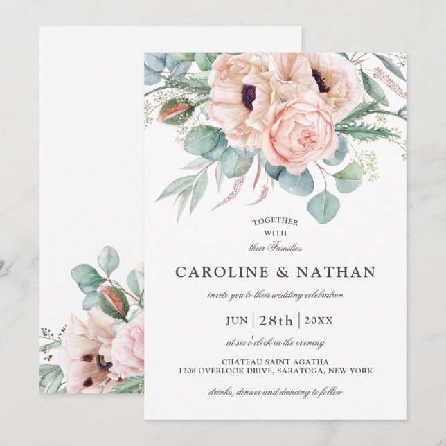 Blush Pink and Beige Watercolor Floral Wedding Invitation (Front/Back)
