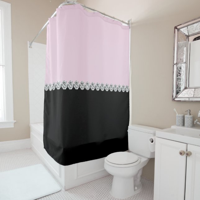 Blush Pink and Black Bejeweled Shower Curtain (In Situ)