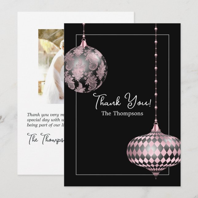 Blush Pink and Black Christmas Baubles Photo Thank You Card (Front/Back)