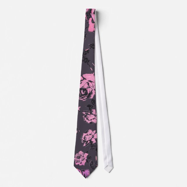 Blush Pink and Black Floral Print Rustic Roses Tie (Front)