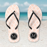 Blush Pink and Black Moroccan Quatrefoil Monogram Flip Flops<br><div class="desc">Custom printed flip flop sandals with a stylish Moroccan quatrefoil pattern and your custom monogram or other text in a circle frame. Click Customise It to change text fonts and colours or add your own images to create a unique one of a kind design!</div>