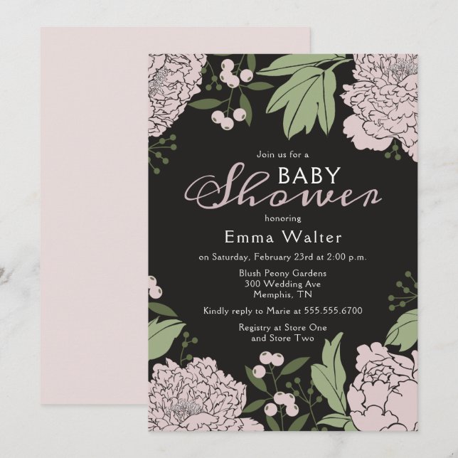 Blush Pink and Black Peonies Baby Shower Invitation (Front/Back)