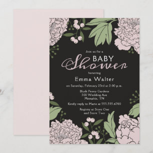 Blush Pink and Black Peonies Baby Shower Invitation