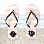 Blush Pink and Black Preppy Stripes Monogram Flip Flops<br><div class="desc">Custom printed flip flop sandals with a preppy nautical stripe pattern and your custom monogram or other text in a circle frame. Click Customise It to change text fonts and colours or add your own images to create a unique one of a kind design!</div>