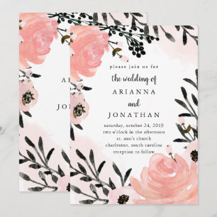 Blush Pink and Black Watercolor Floral   Wedding Invitation
