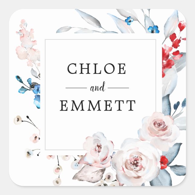 Blush Pink and Blue Floral Wedding Favour Square Sticker (Front)