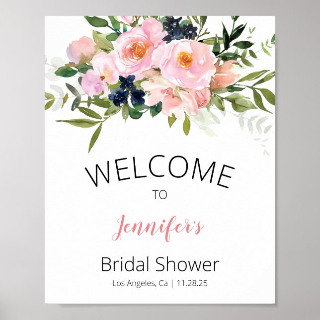 Blush Pink and Blue Floral Welcome Poster (Front)