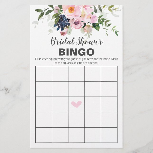 Blush Pink and Blue Flowers Bingo Card (Front)