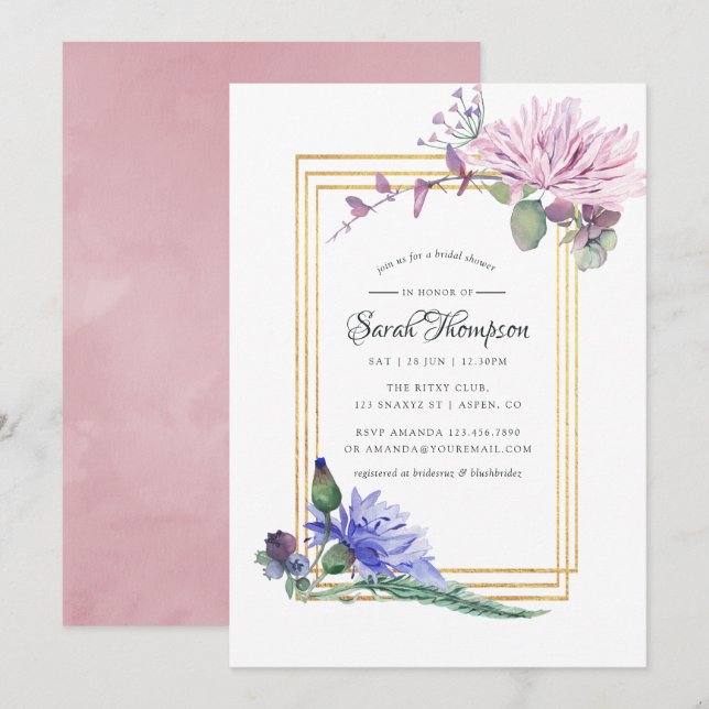 Blush Pink and Blue Geometric Floral Bridal Shower Invitation (Front/Back)