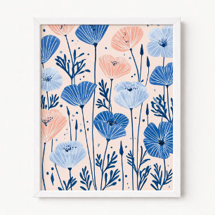 Blush Pink and Blue Poppies Illustration Poster