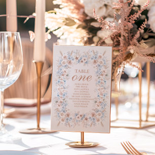 Blush Pink and Blue Watercolor Floral Wedding Table Number