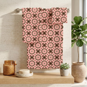 Blush Pink and Brown Boho Chic Geometric Pattern Bath Towel Set
