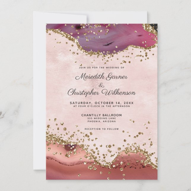 Blush Pink and Burgundy Agate Wedding Invitation (Front)