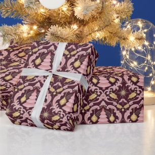 Blush Pink and Burgundy Baroque Christmas Pattern Wrapping Paper