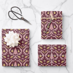 Blush Pink and Burgundy Baroque Christmas Pattern Wrapping Paper Sheet