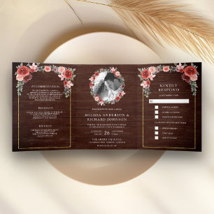 Blush Pink and Burgundy Floral Barn Wood Wedding Tri-Fold Invitation