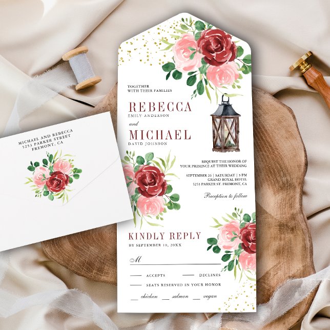 Blush Pink and Burgundy Floral Lantern Wedding All In One Invitation (Creator Uploaded)