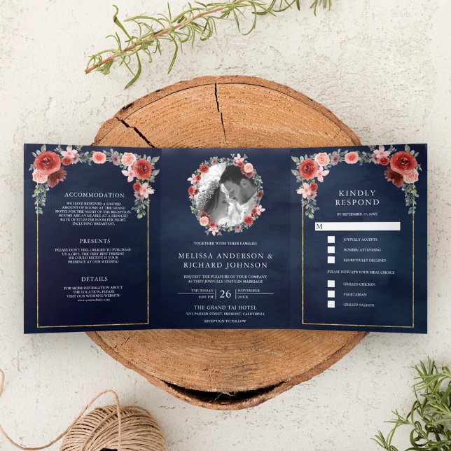 Blush Pink and Burgundy Floral Navy Blue Wedding Tri-Fold Invitation (Creator Uploaded)