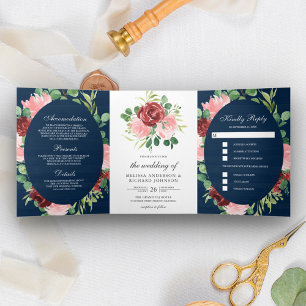 Blush Pink and Burgundy Floral Navy Wood Wedding Tri-Fold Invitation