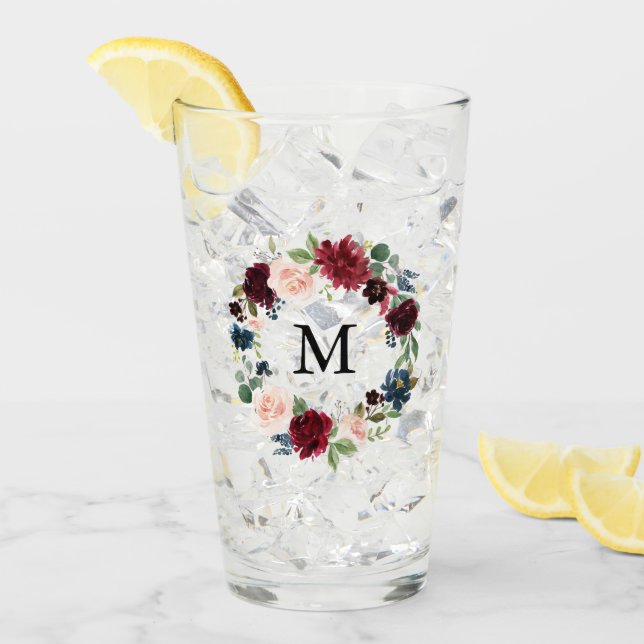 Blush Pink and Burgundy Floral Wreath Monogram Glass (Front Ice)