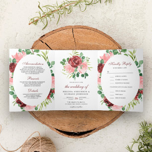 Blush Pink and Burgundy Red Floral 3 in 1 Wedding Tri-Fold Invitation