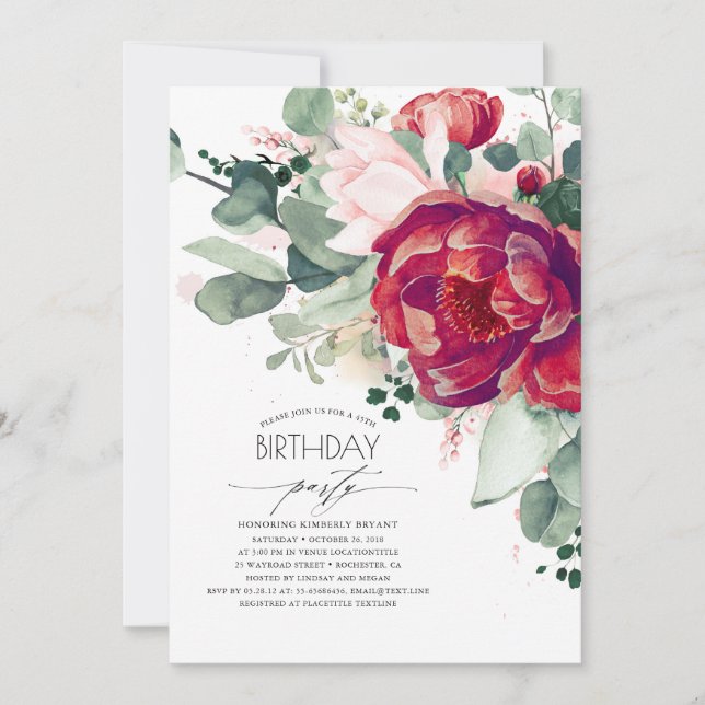Blush Pink and Burgundy Red Floral Birthday Party Invitation (Front)