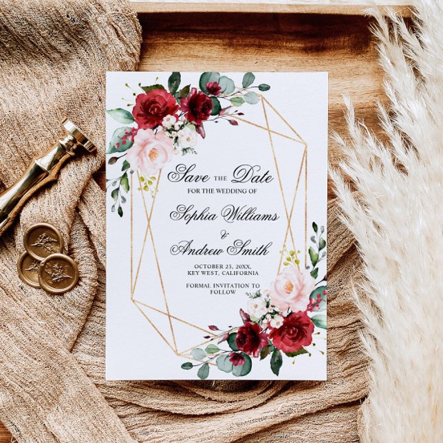 Blush Pink and Burgundy Rose Save the Date Invitation (Creator Uploaded)