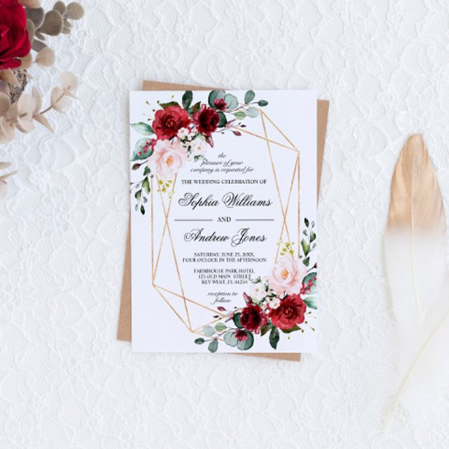Blush Pink and Burgundy Rose Wedding Invitation (Creator Uploaded)