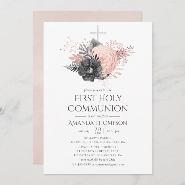 Blush Pink and Charcoal Floral Holy Communion Invitation (Front/Back)