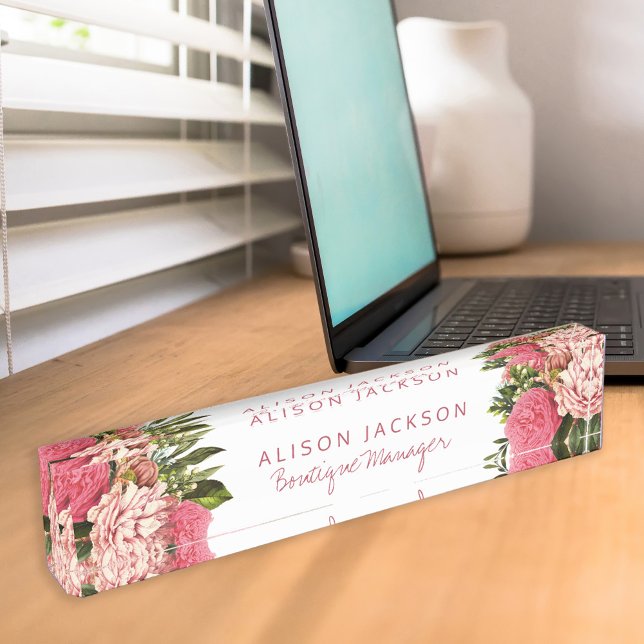 Blush pink and coral red flowers boutique manager nameplate (Creator Uploaded)