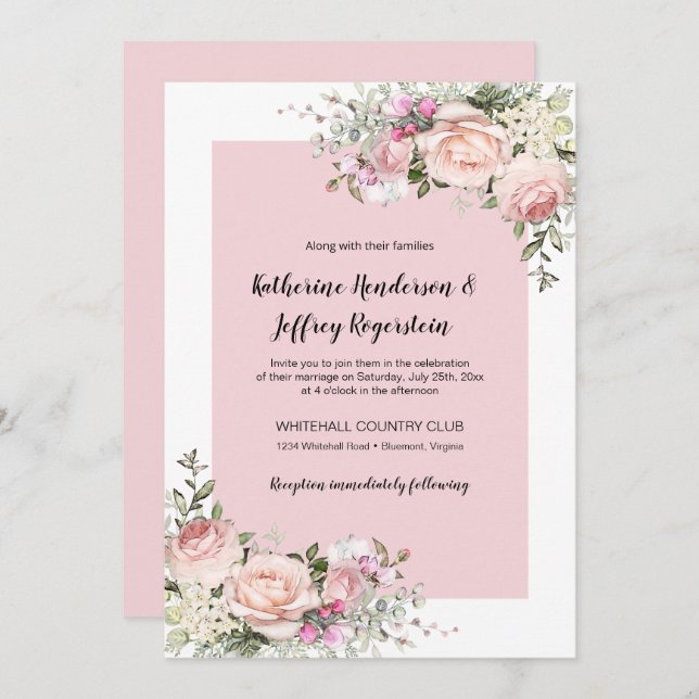 Blush Pink and Cream Watercolor Roses Wedding Invitation (Front/Back)