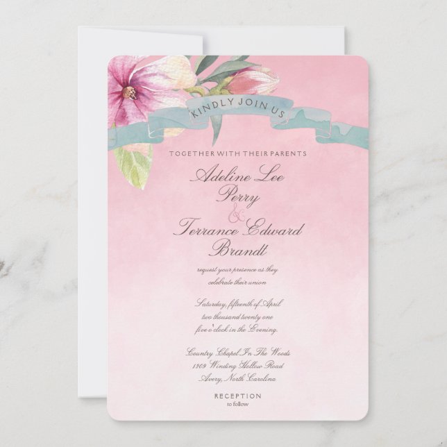 Blush Pink and Dusty Blue Magnolia Wedding2 Invitation (Back)