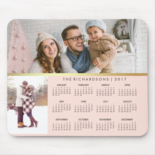 Blush Pink and Faux Gold 2017 Photo Calendar Mouse Mat (Front)