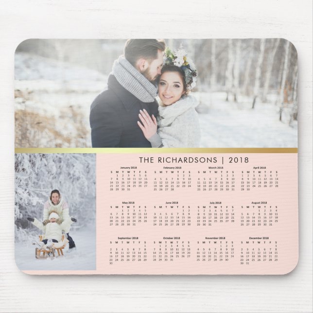 Blush Pink and Faux Gold 2018 Photo Calendar Mouse Mat (Front)
