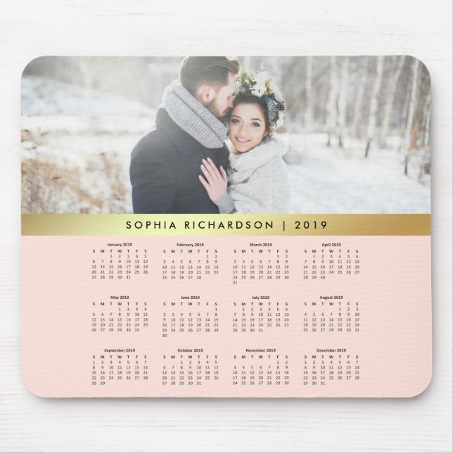 Blush Pink and Faux Gold 2019 Photo Calendar Mouse Mat (Front)