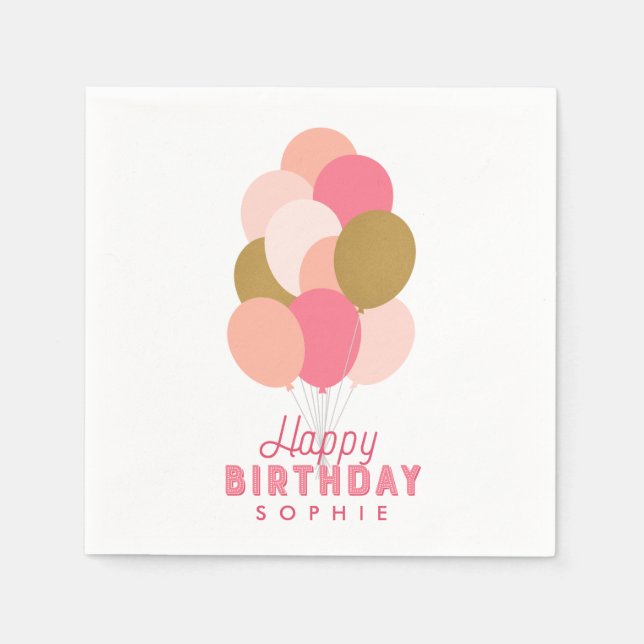 Blush Pink and Faux Gold Balloons Happy Birthday Napkin (Front)