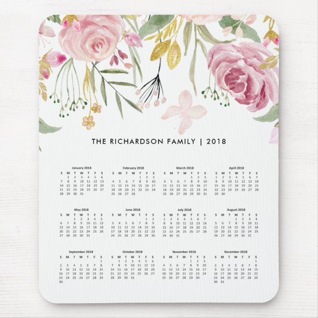 Blush Pink and Faux Gold Flowers | 2018 Calendar Mouse Mat (Front)
